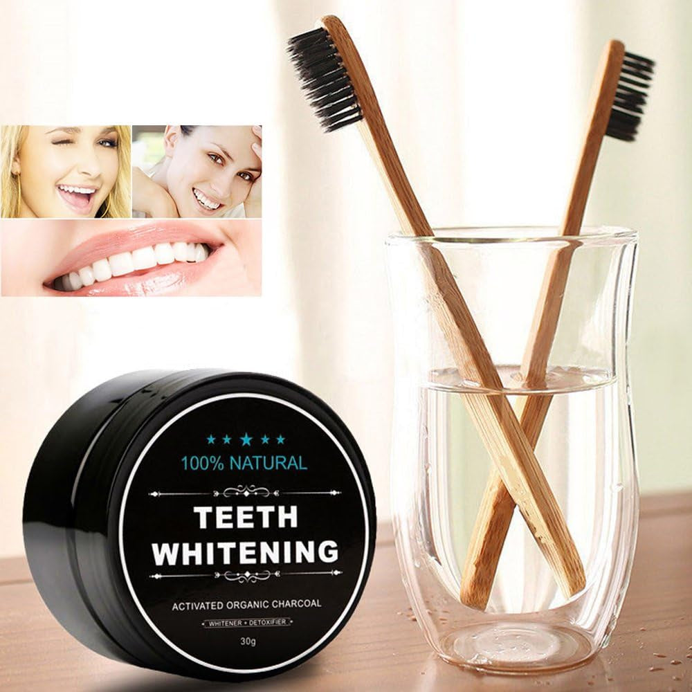 2-Pack Activated Charcoal Teeth Whitening Powder Natural Coconut Teeth Whitener with Bamboo Brush